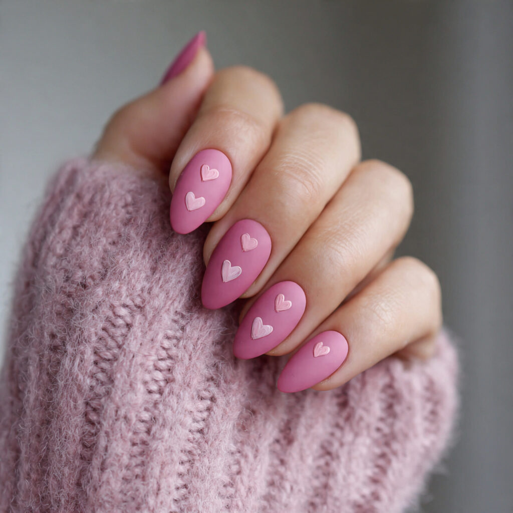 27 Heart Nail Designs for Romantic & Classy Nails 7 matte pink nails with subtle heart art