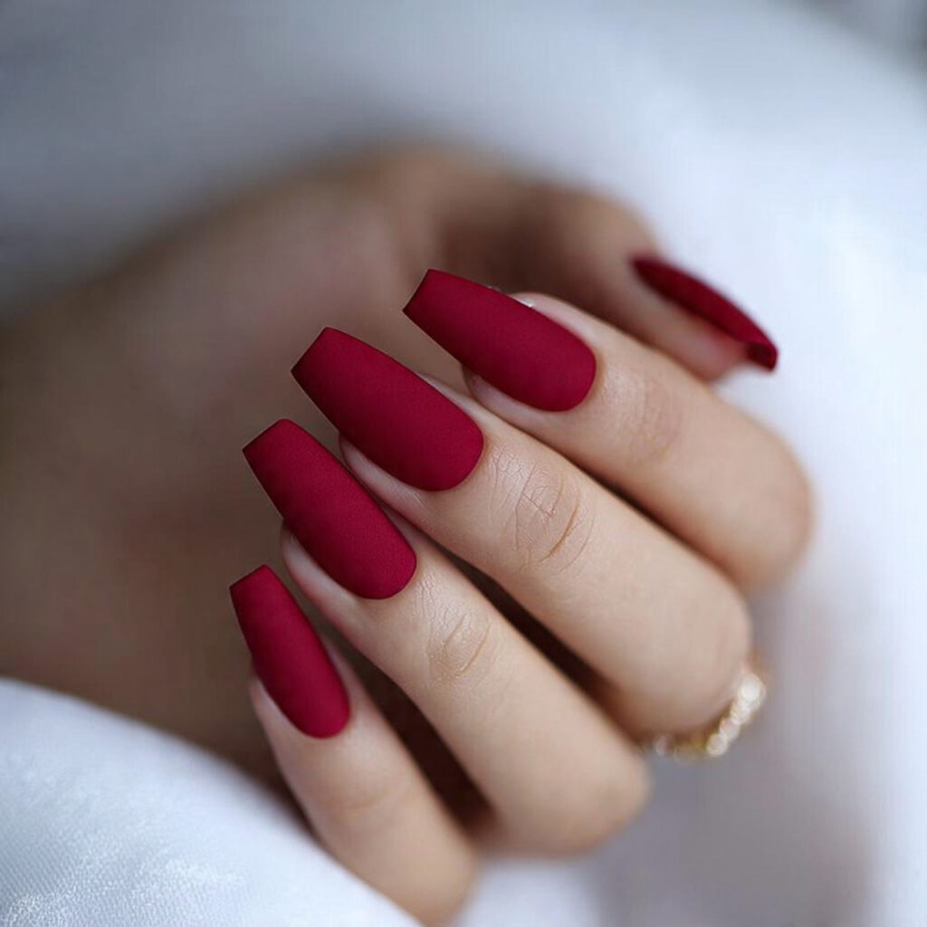 matte red coffin valentine nails offer boldness