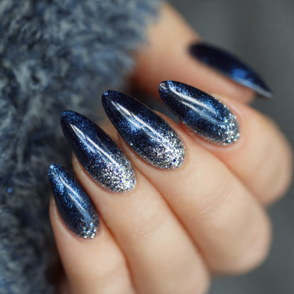 midnight blue cat eye nails with silver