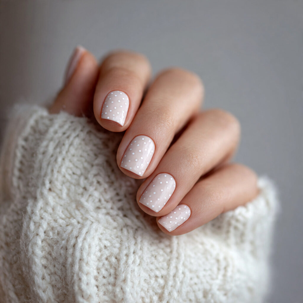 milky nails with a soft dot detail