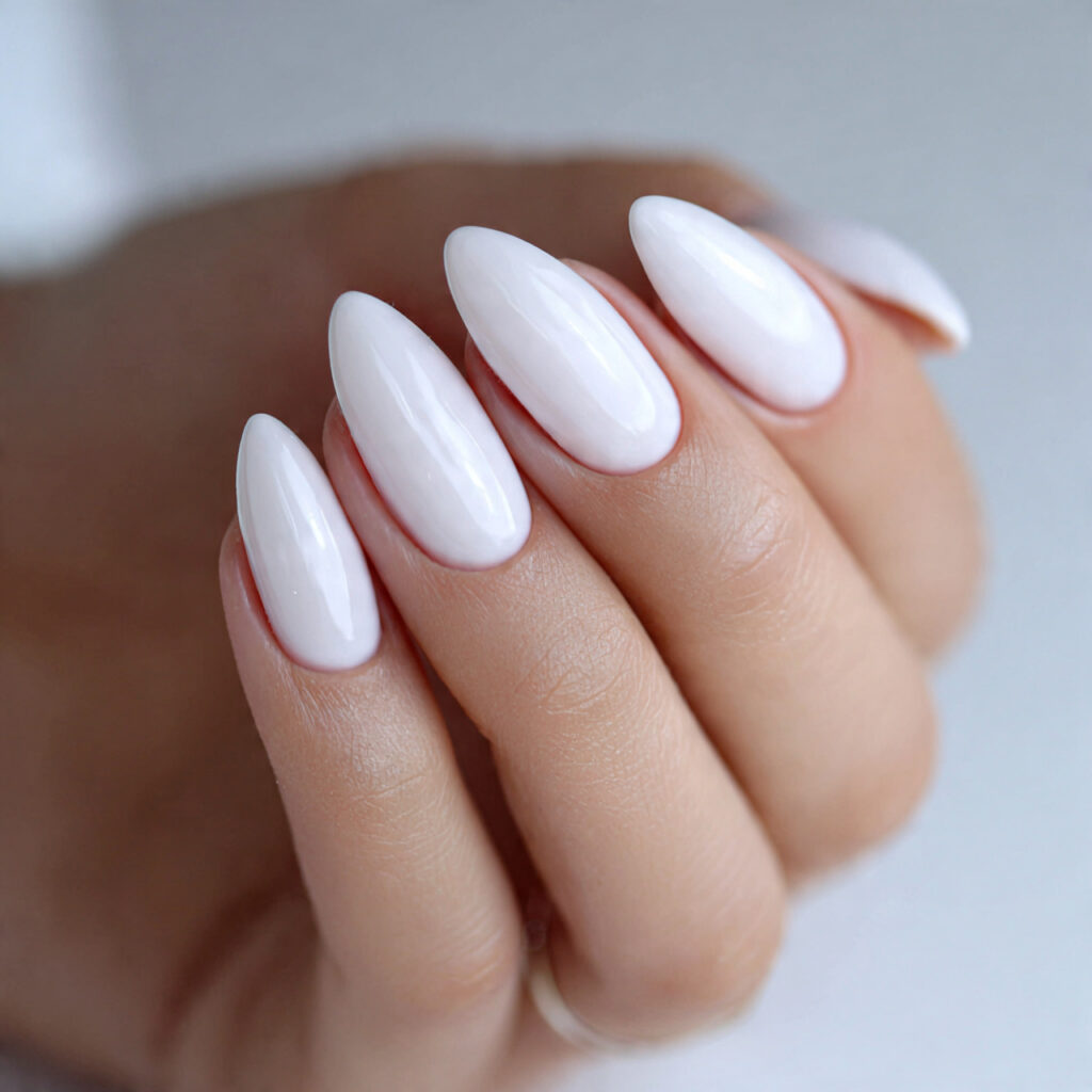 milky white almond valentine nails create a