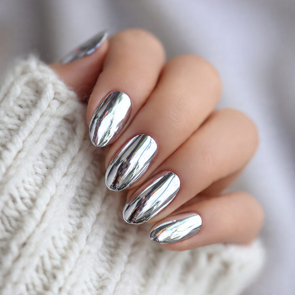 milky white january nails with a chrome