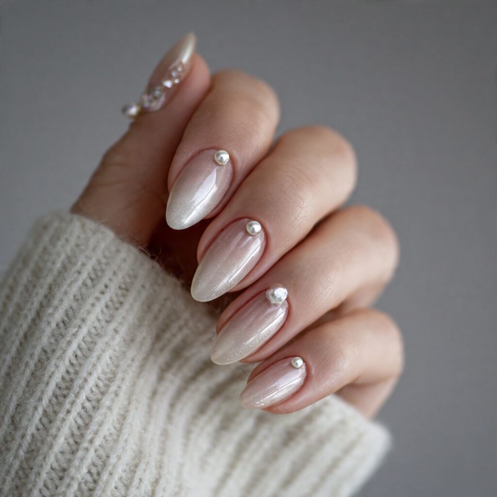 milky white january nails with pearl accents