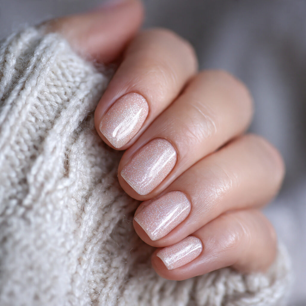 milky white january nails with subtle shimmer