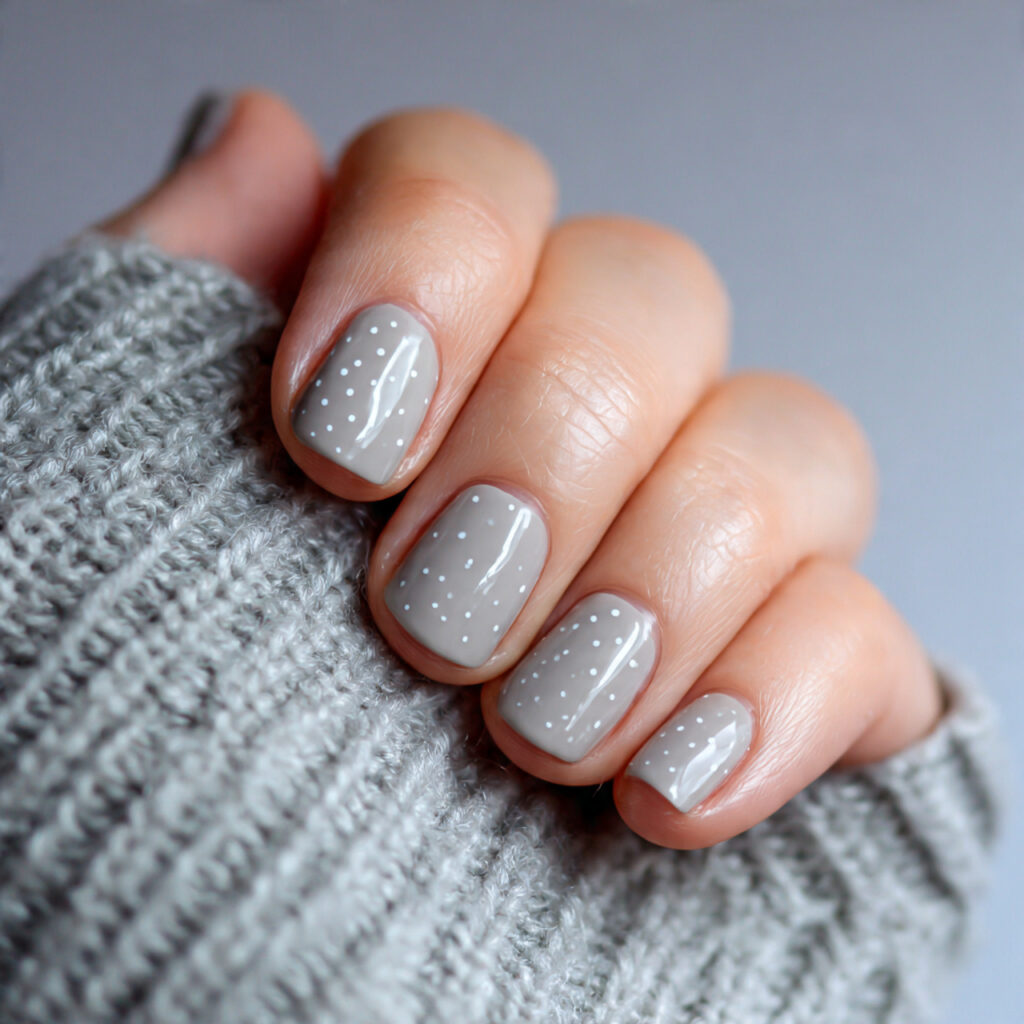 milky white nails with a minimal dot