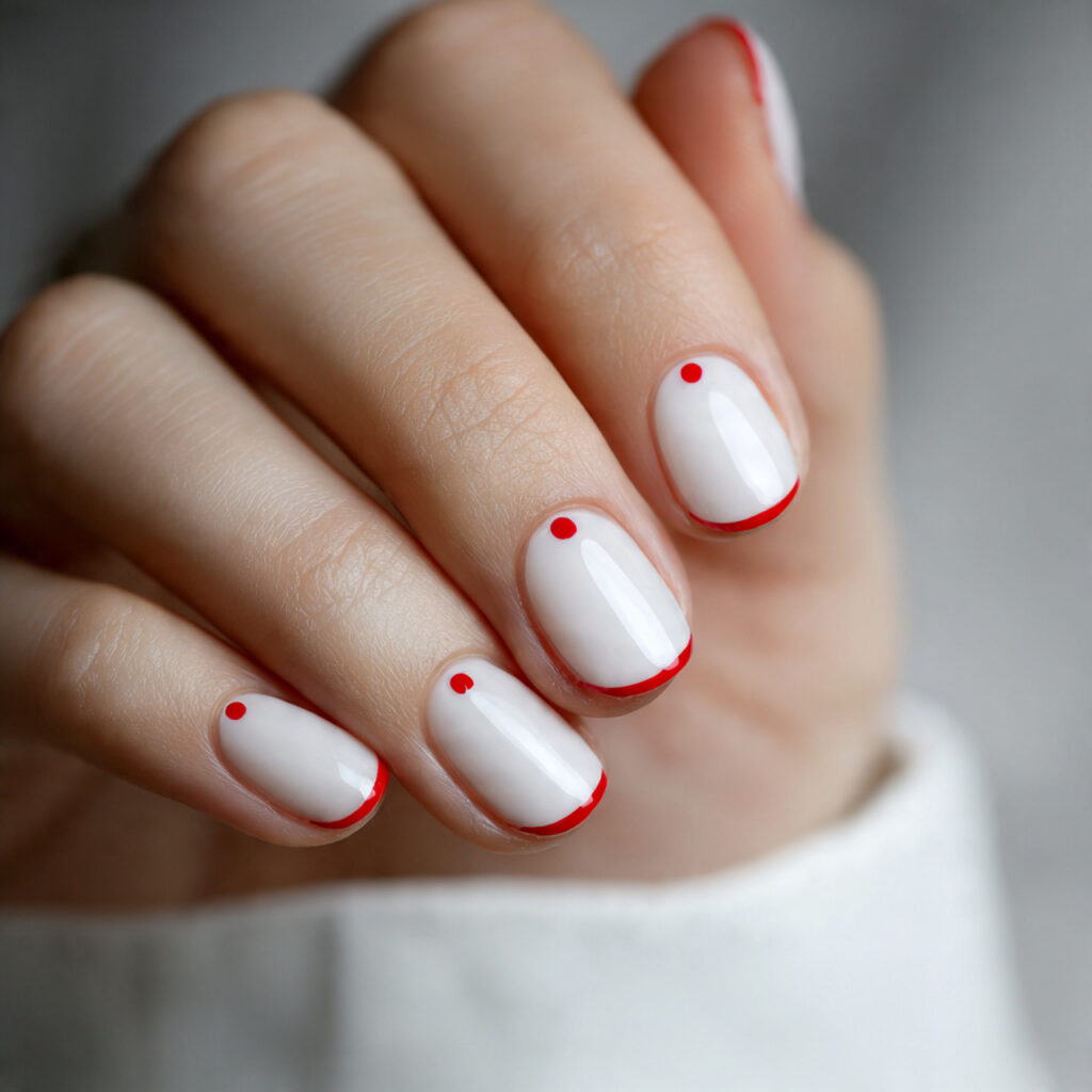 milky white nails with a red dot