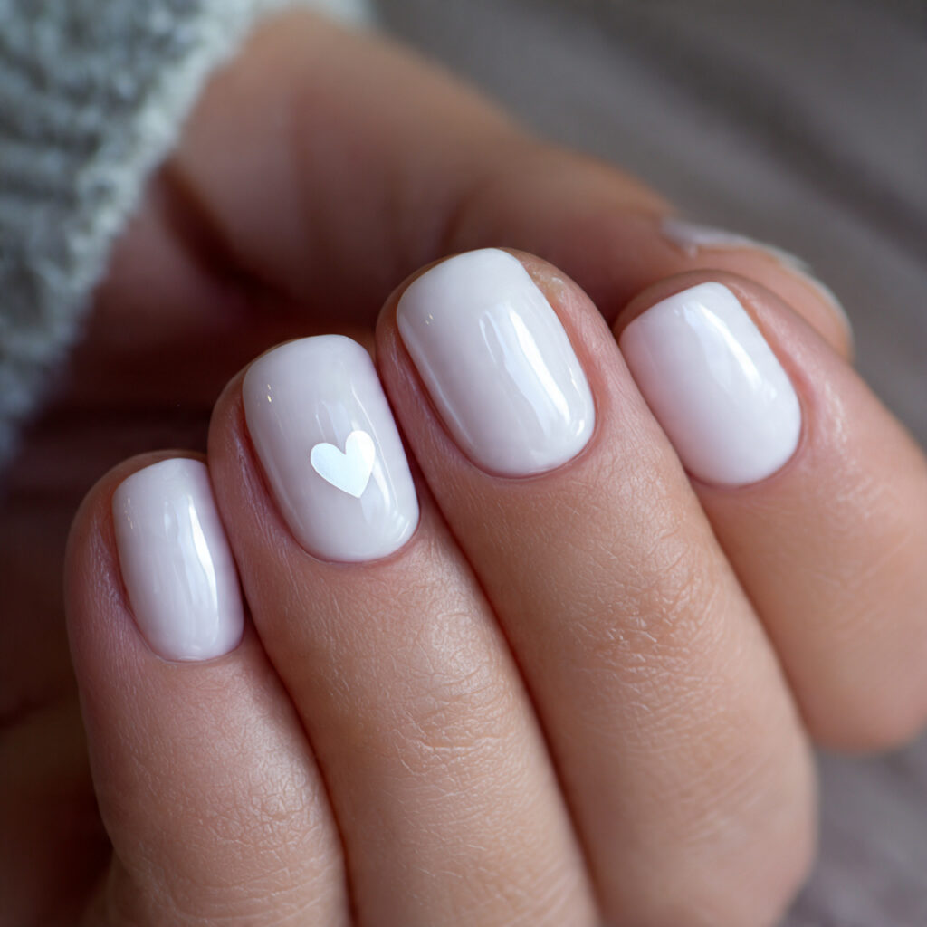 milky white nails with a tiny heart