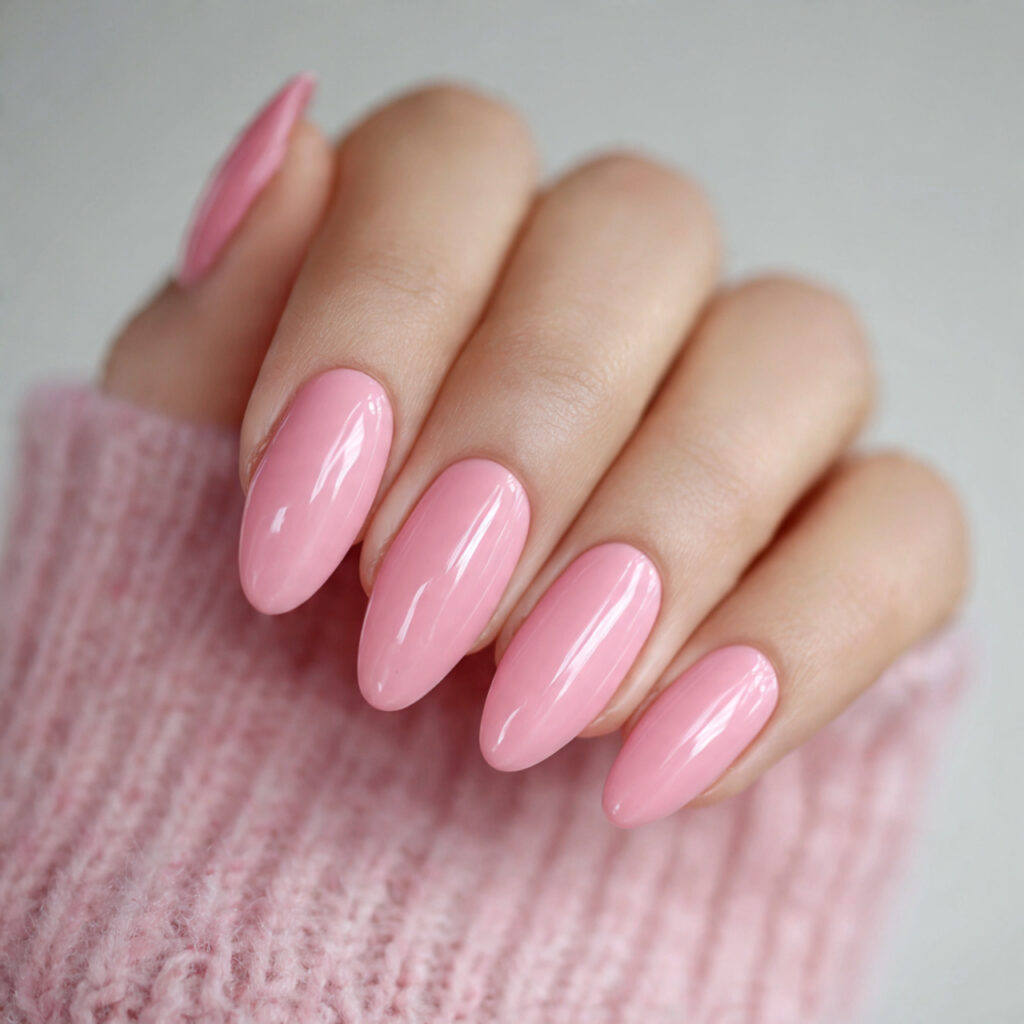 millennial pink monochrome nail design on almond shaped