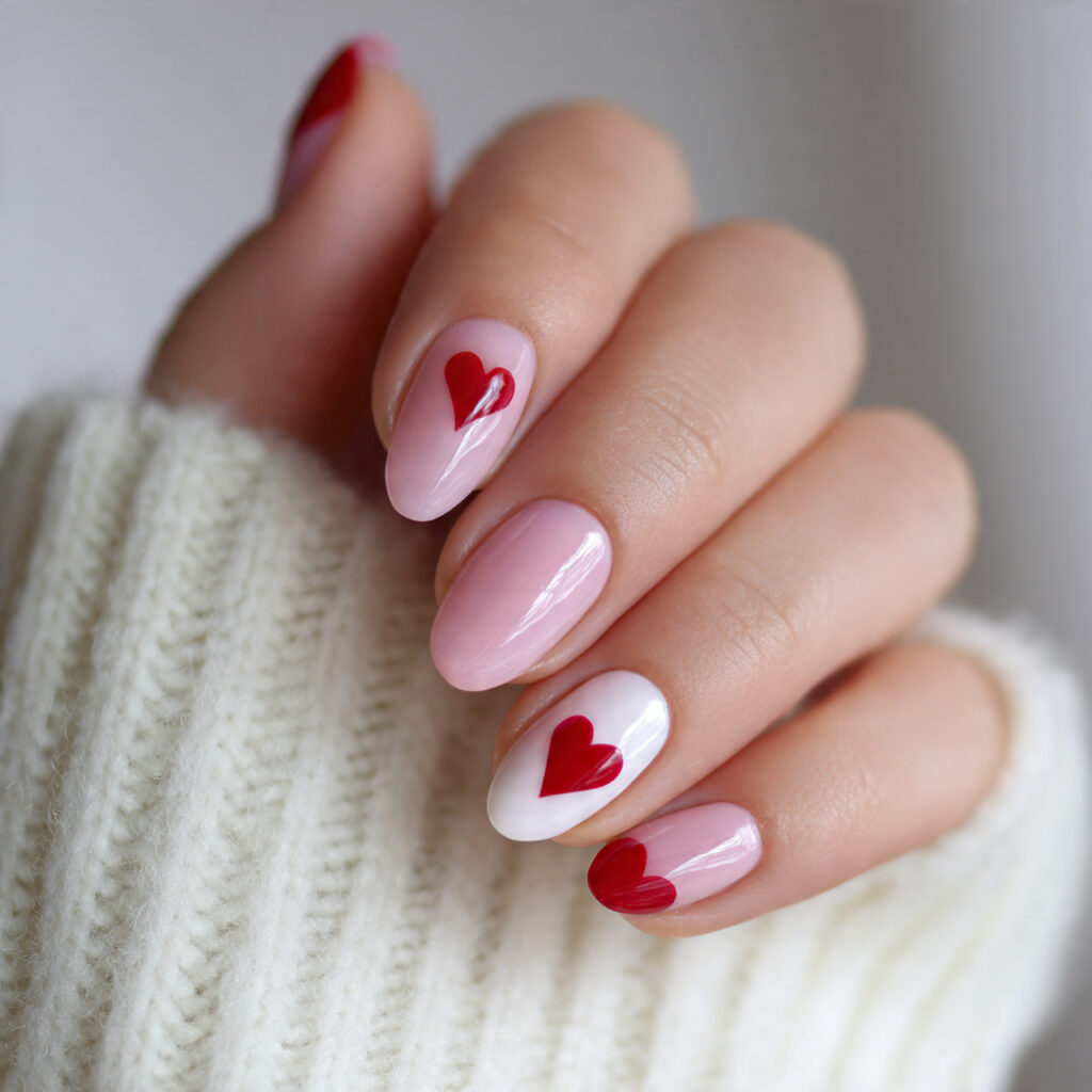 minimal heart accent almond valentine nails focus