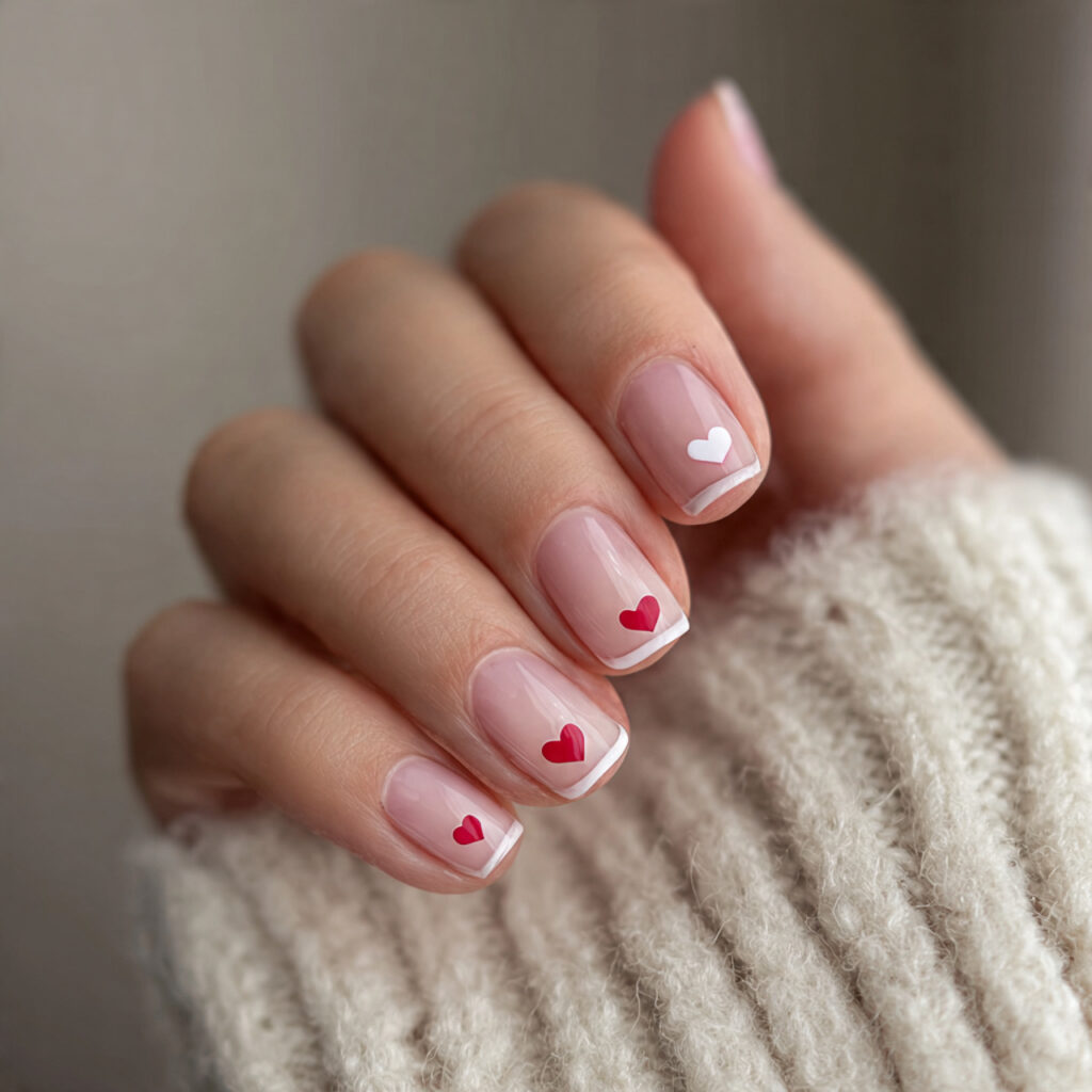 minimal heart tip short square valentine nails