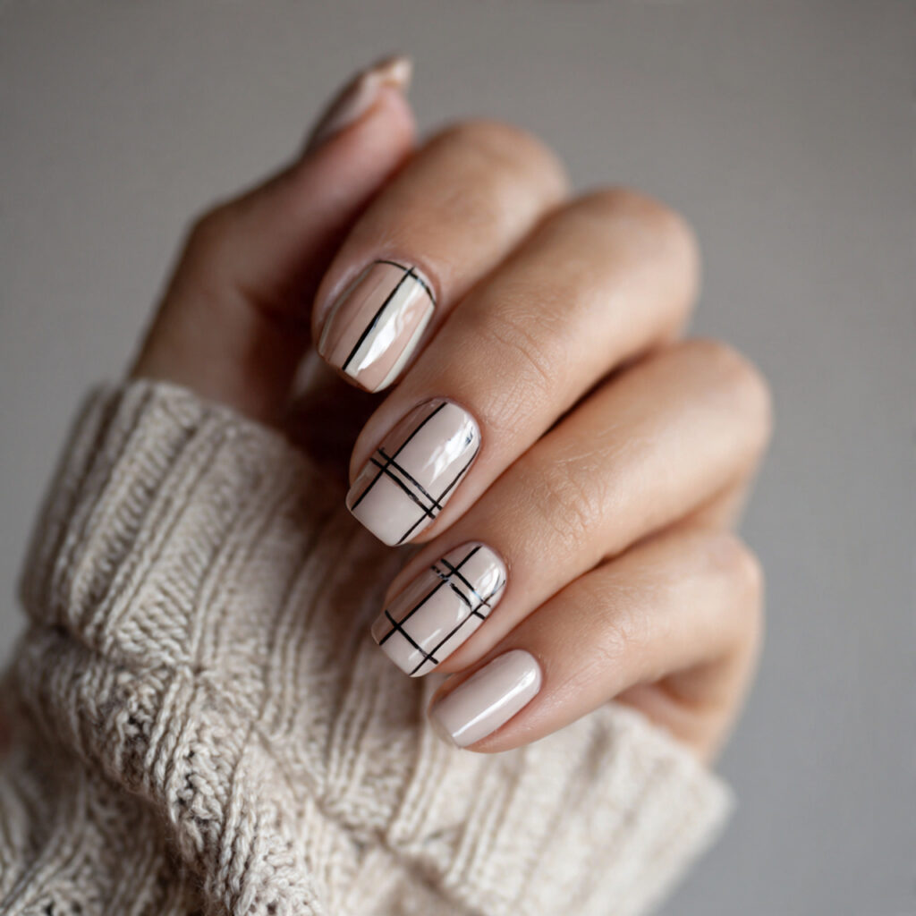 minimal line nail art on neutral base