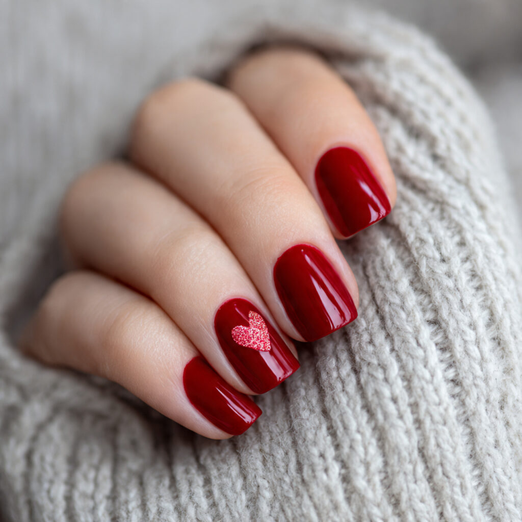 minimal red nails with a single heart