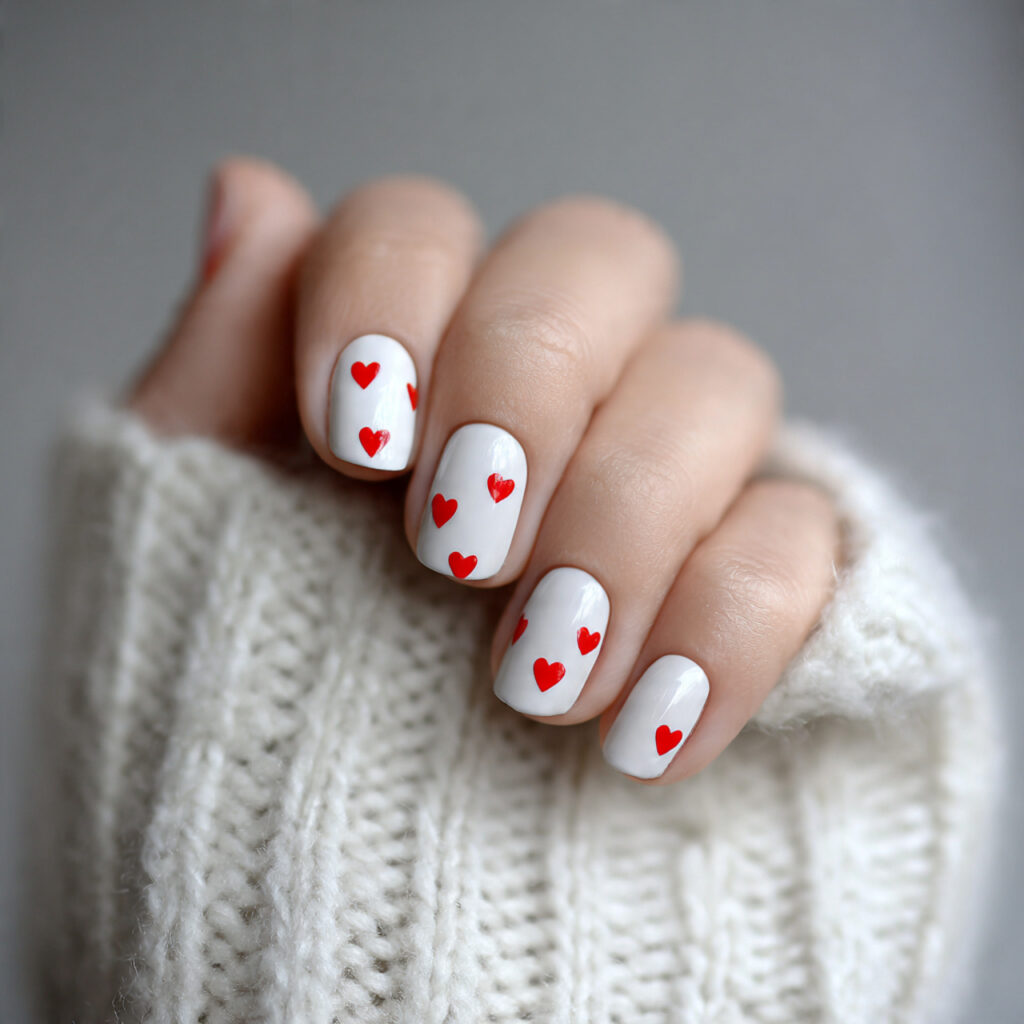 minimal white short valentine nails with red