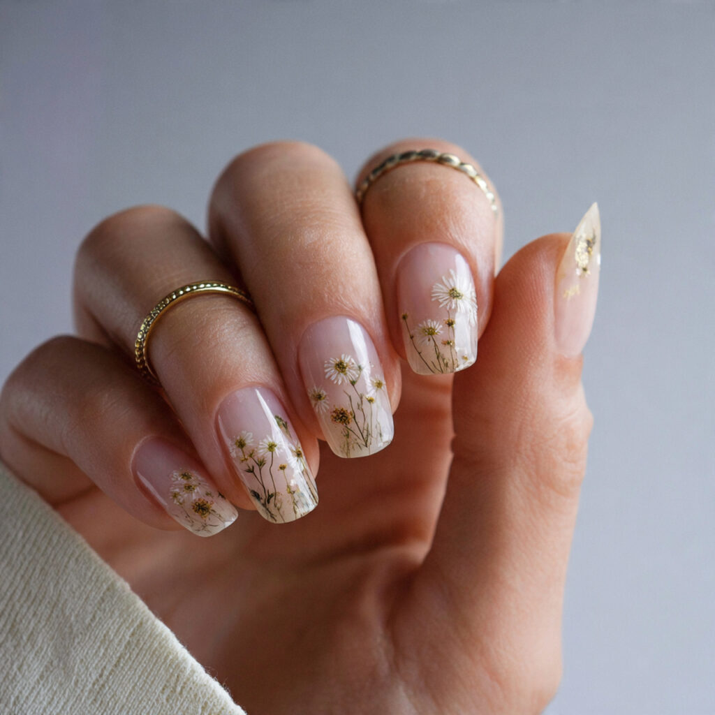 minimal wildflower nails with a sheer base
