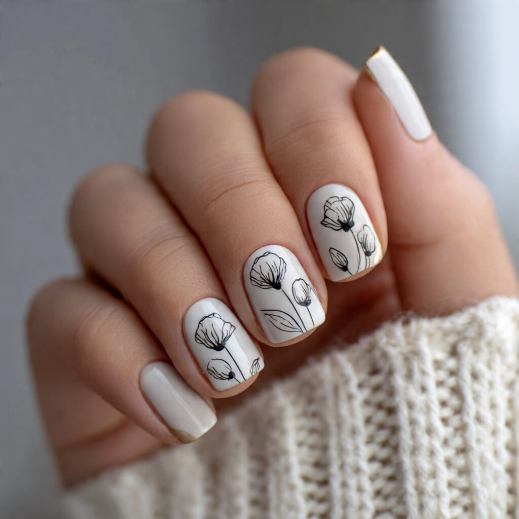 minimalist line art flowers on short nails 1