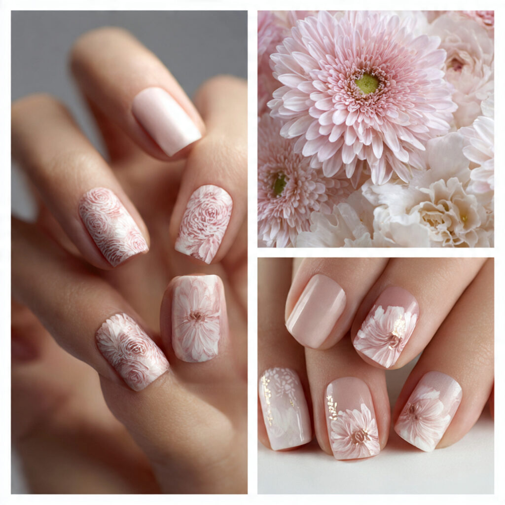 monochromatic floral designs create sophisticated cohesive nail