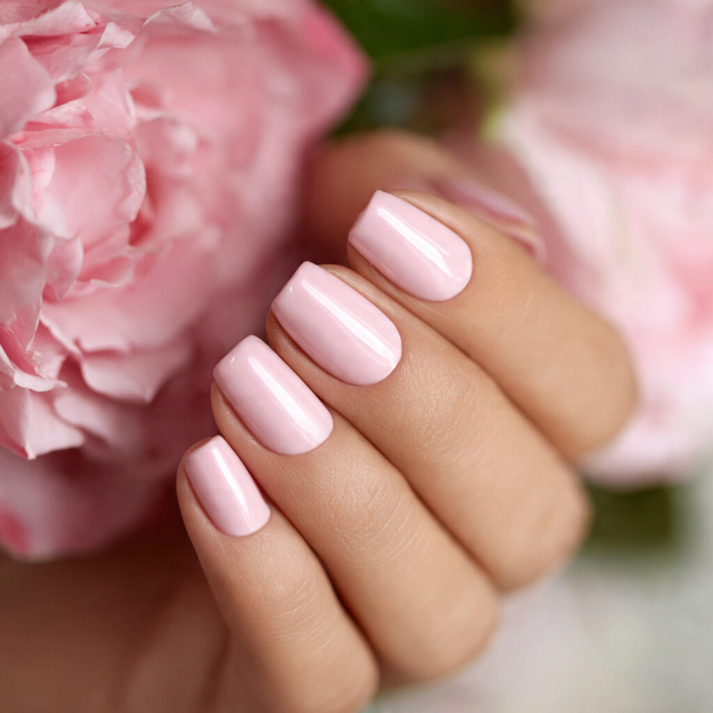 nails with a soft gloss finish create