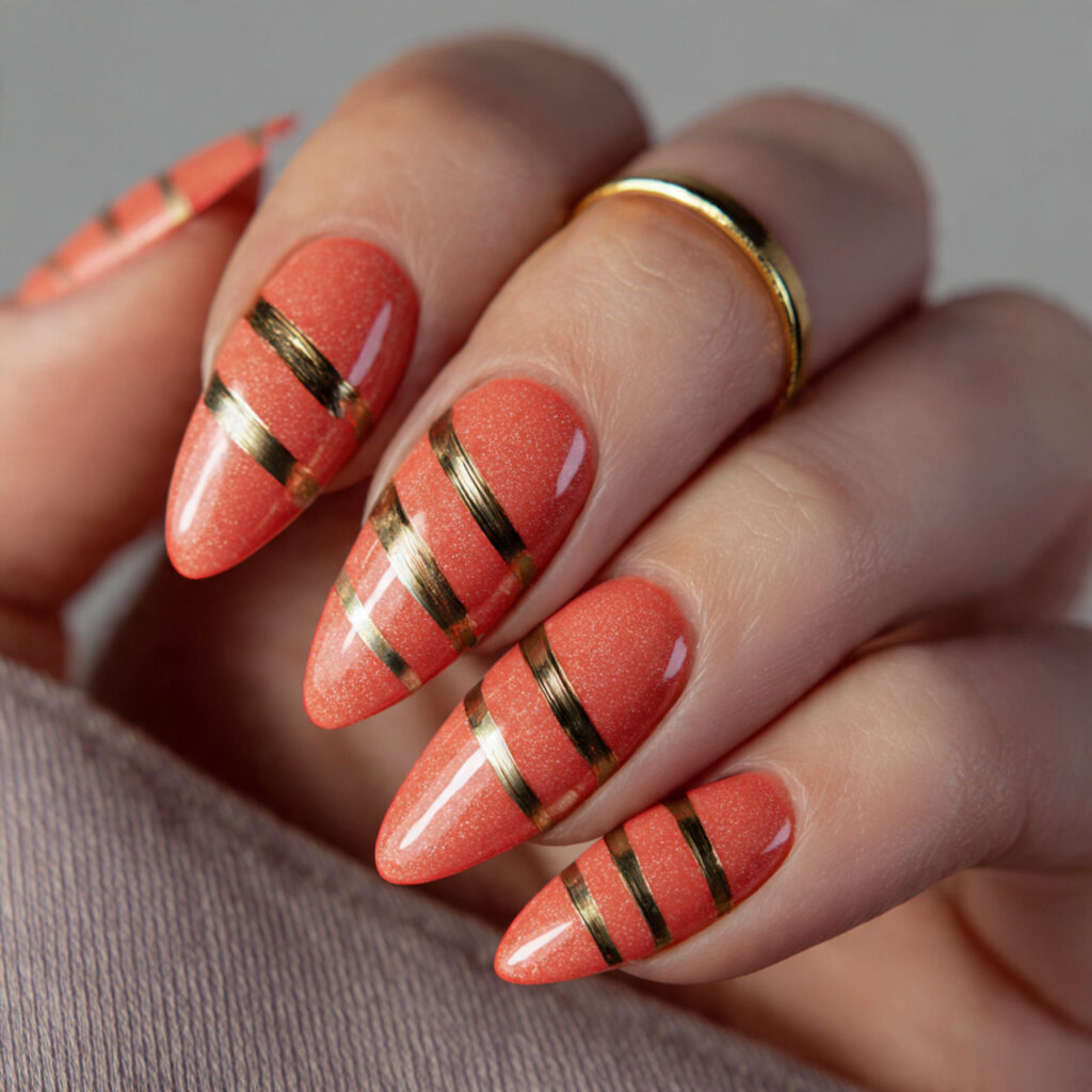 nails with coral polish and a cat