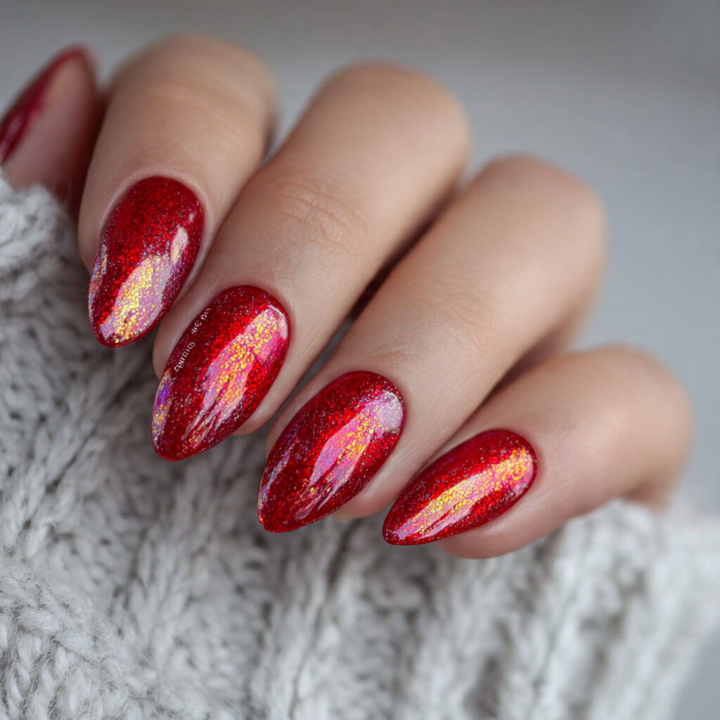 nails with red polish and holographic effects