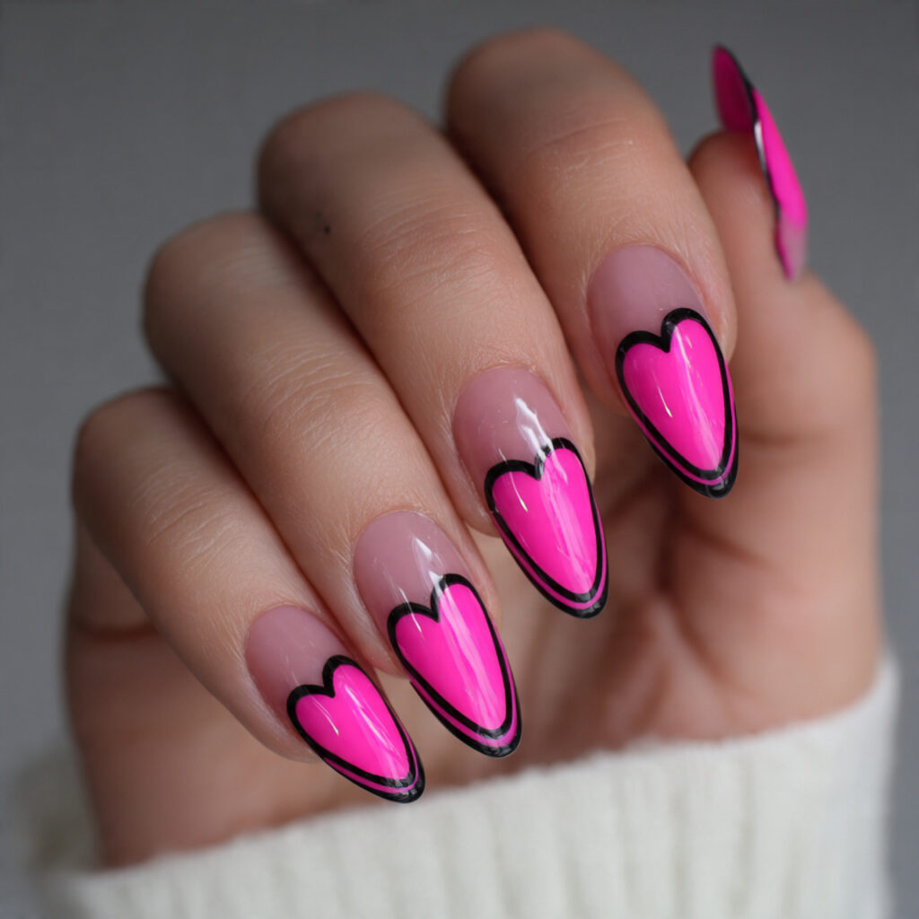 neon pink nails with black heart outlines