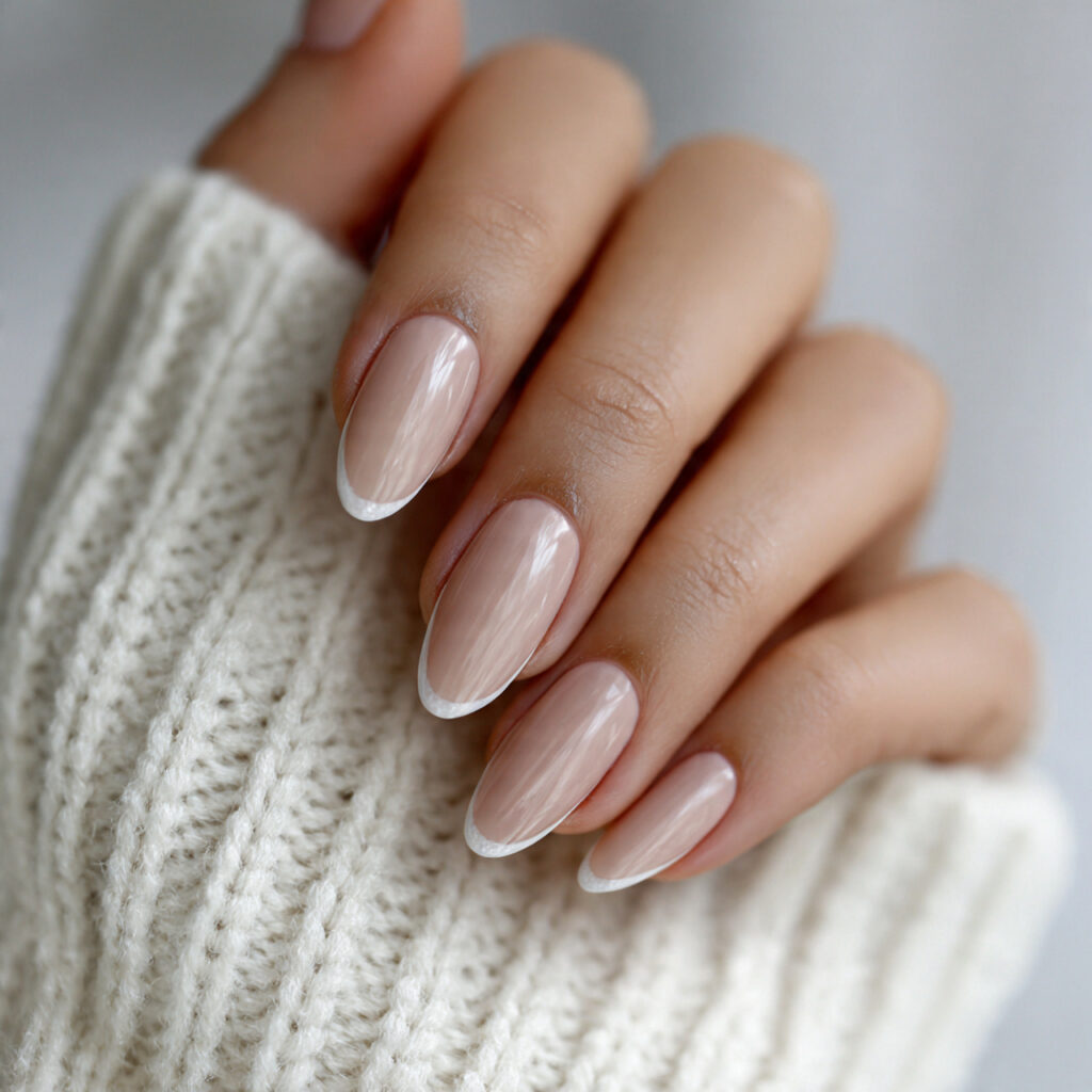 neutral almond nails with micro french curve