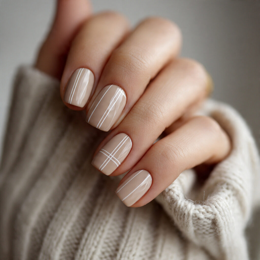 neutral beige nails with minimal line art
