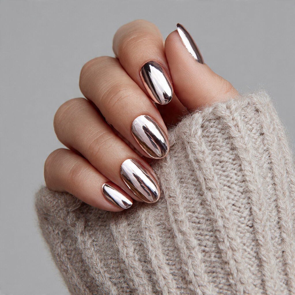 neutral chrome nails add a soft reflective
