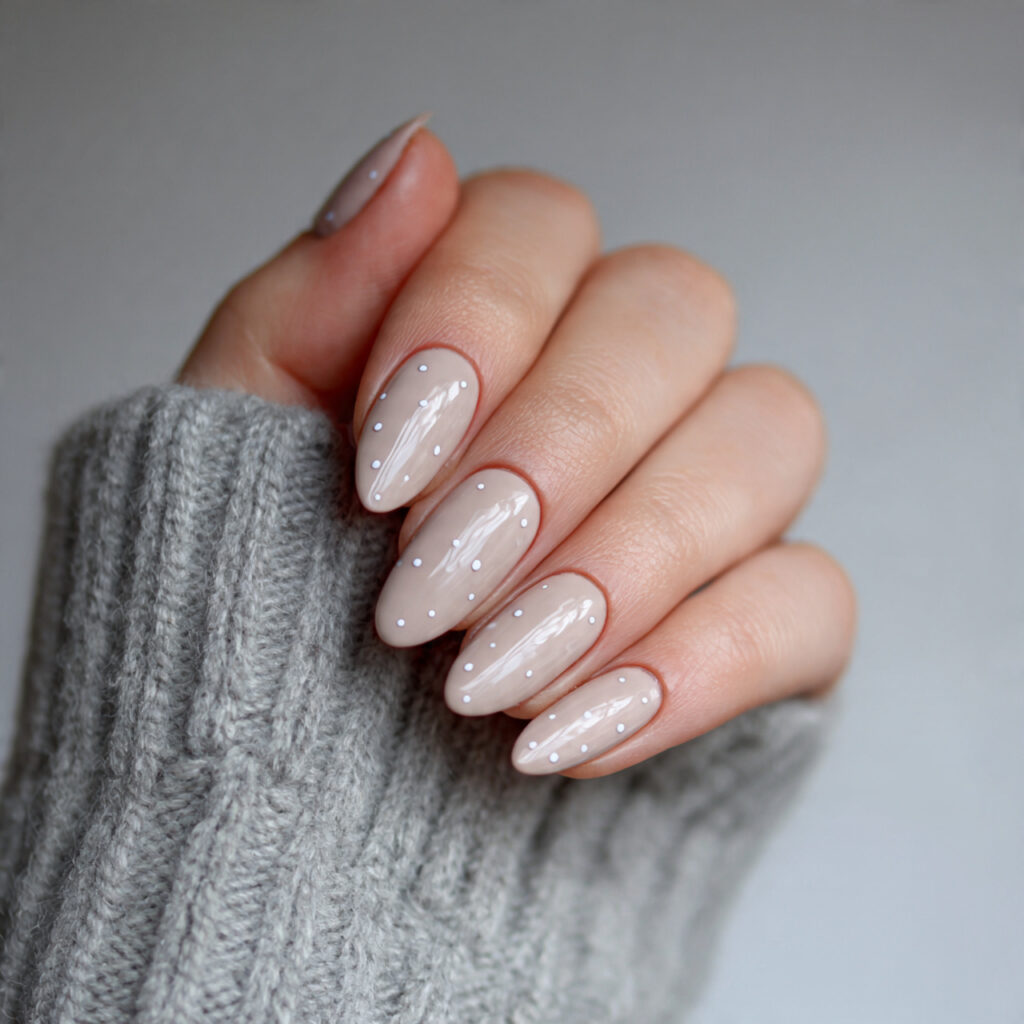 neutral glossy nails with micro love dot