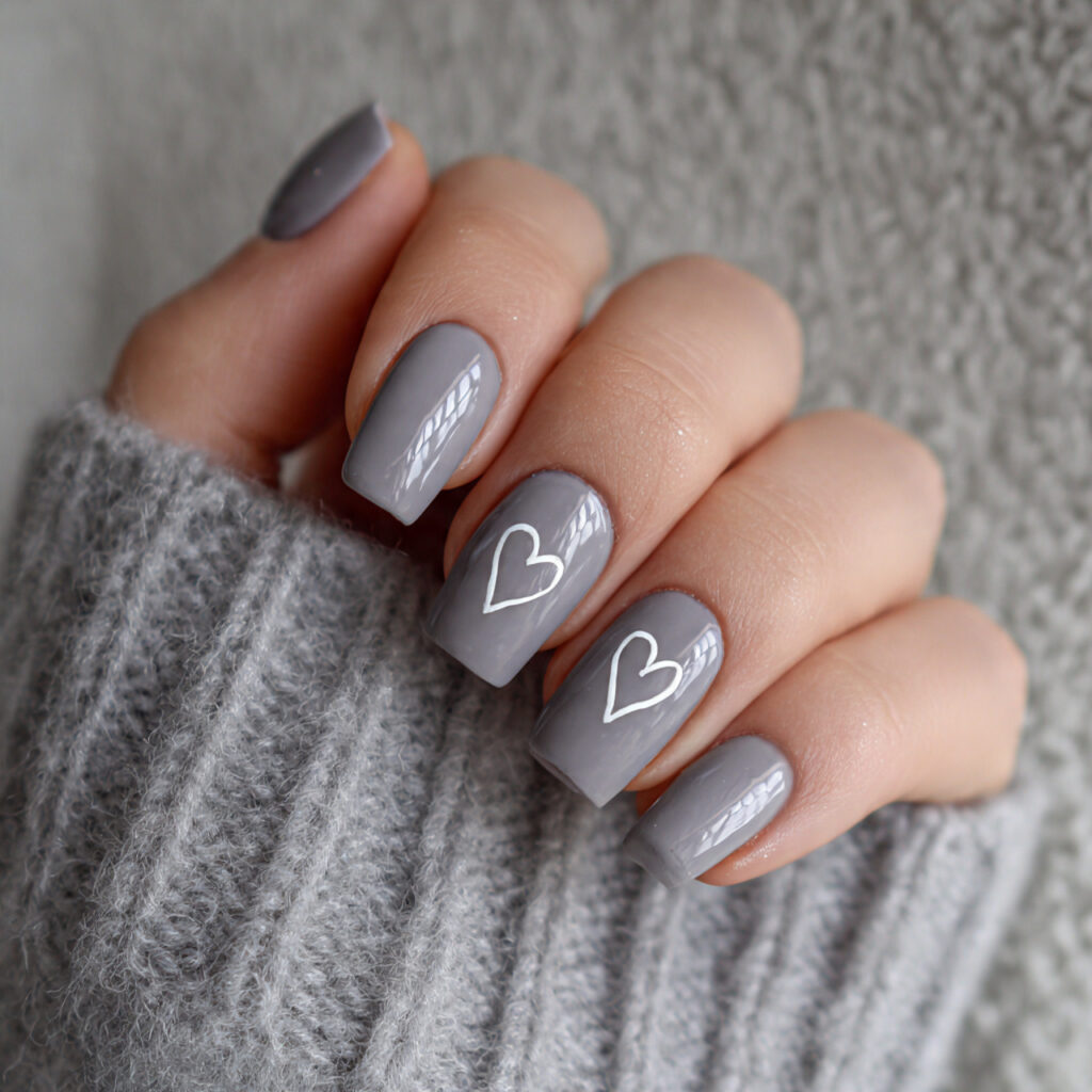 26 Neutral Valentine Nails for Short and Cozy Styles 9 neutral gray nails with micro heart outline
