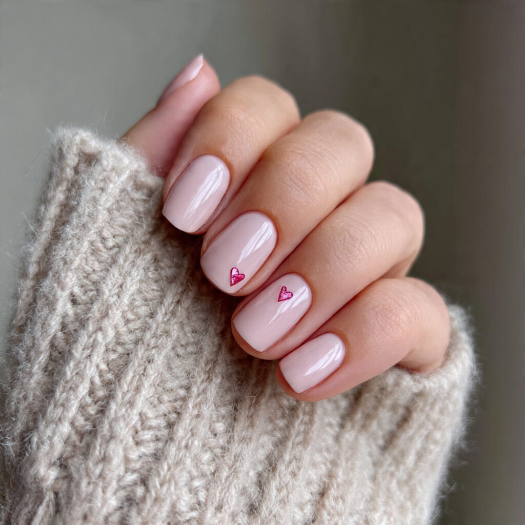 neutral pink nails with tiny heart near