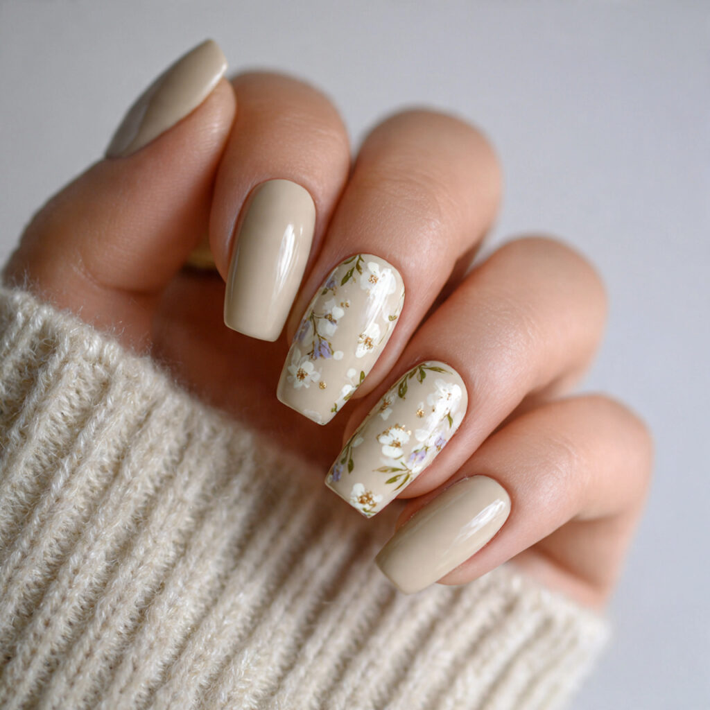 neutral wildflower nails with a calm base