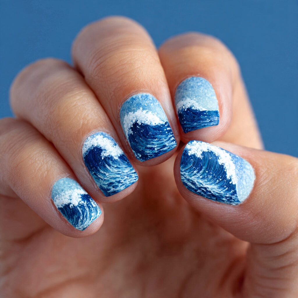 ocean wave nail art features hand painted or