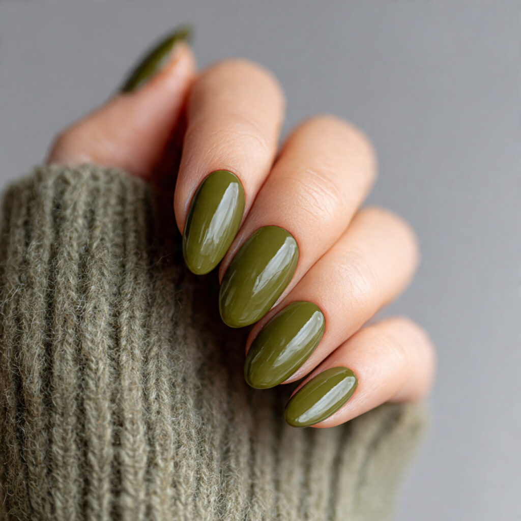 olive green nails showcasing earthy sophisticated color