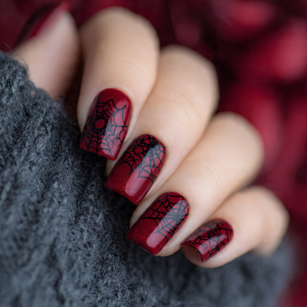 oxblood red nails featuring delicate black spider