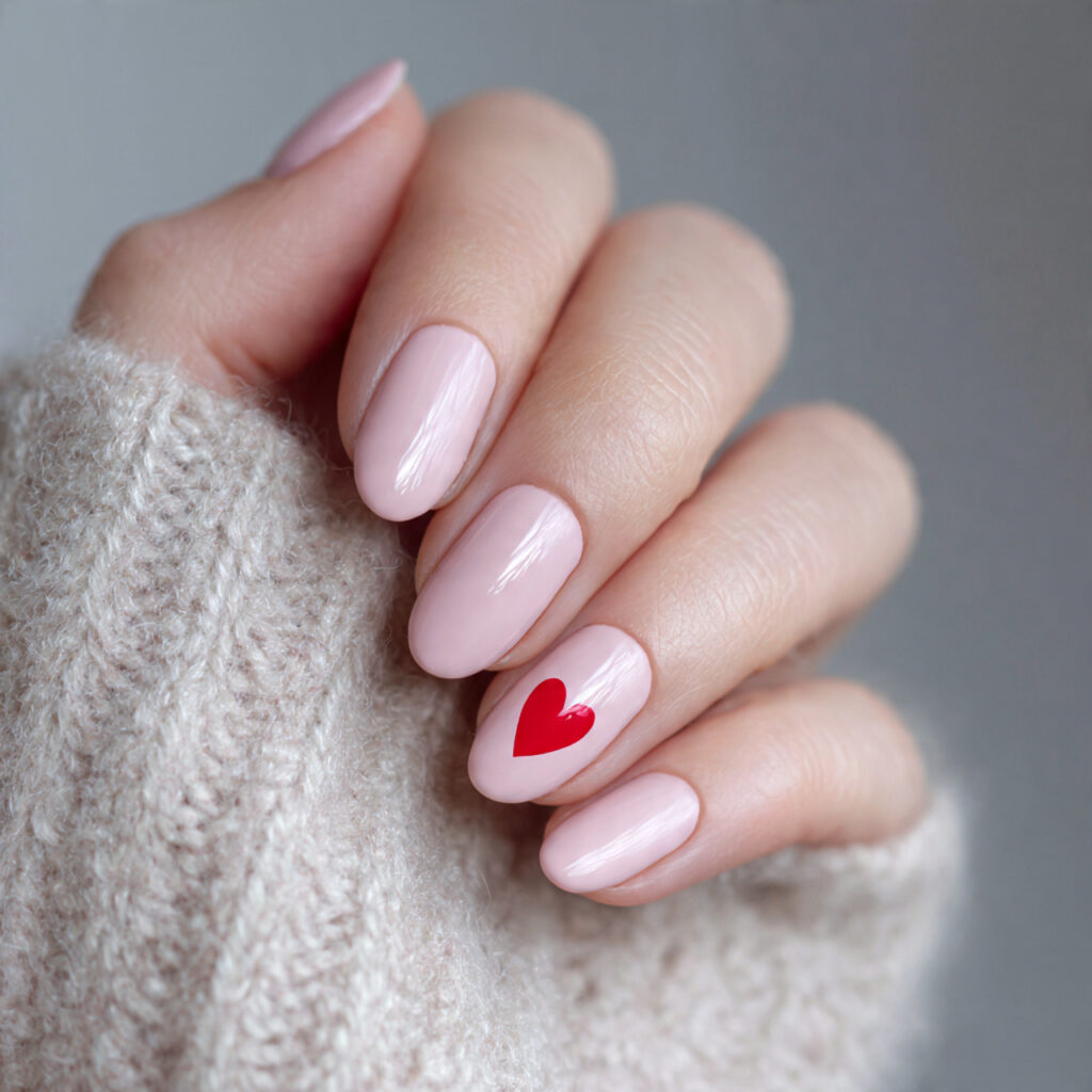 pale pink nails with a single red