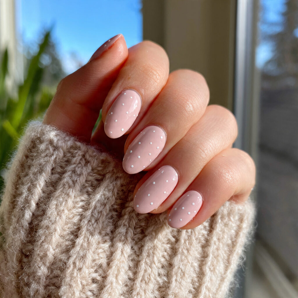 pale pink nails with minimal snow dot