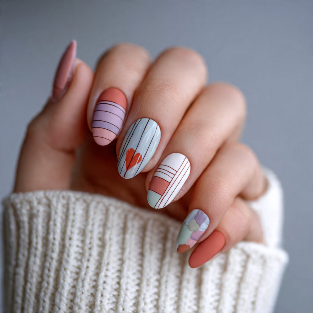 28 Pastel Valentine Nails Perfect for Soft Romantic Styles 14 pastel nails with minimal line art feel