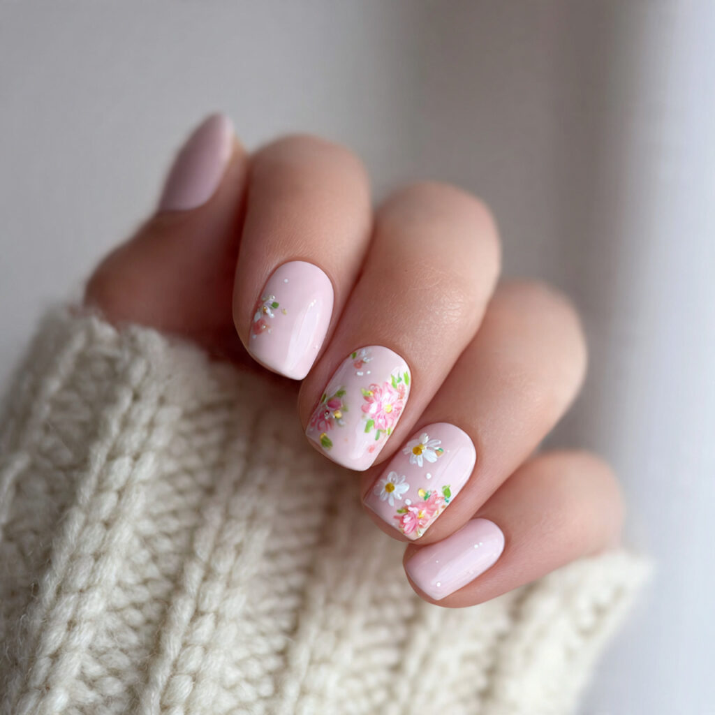 28 Pastel Valentine Nails Perfect for Soft Romantic Styles 17 pastel nails with tiny floral accents feel