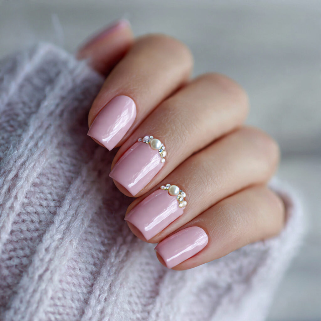 pastel pink nail polish with pearl accents