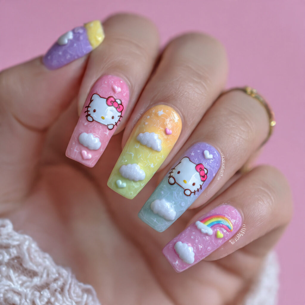 pastel rainbow nails featuring hello kitty on