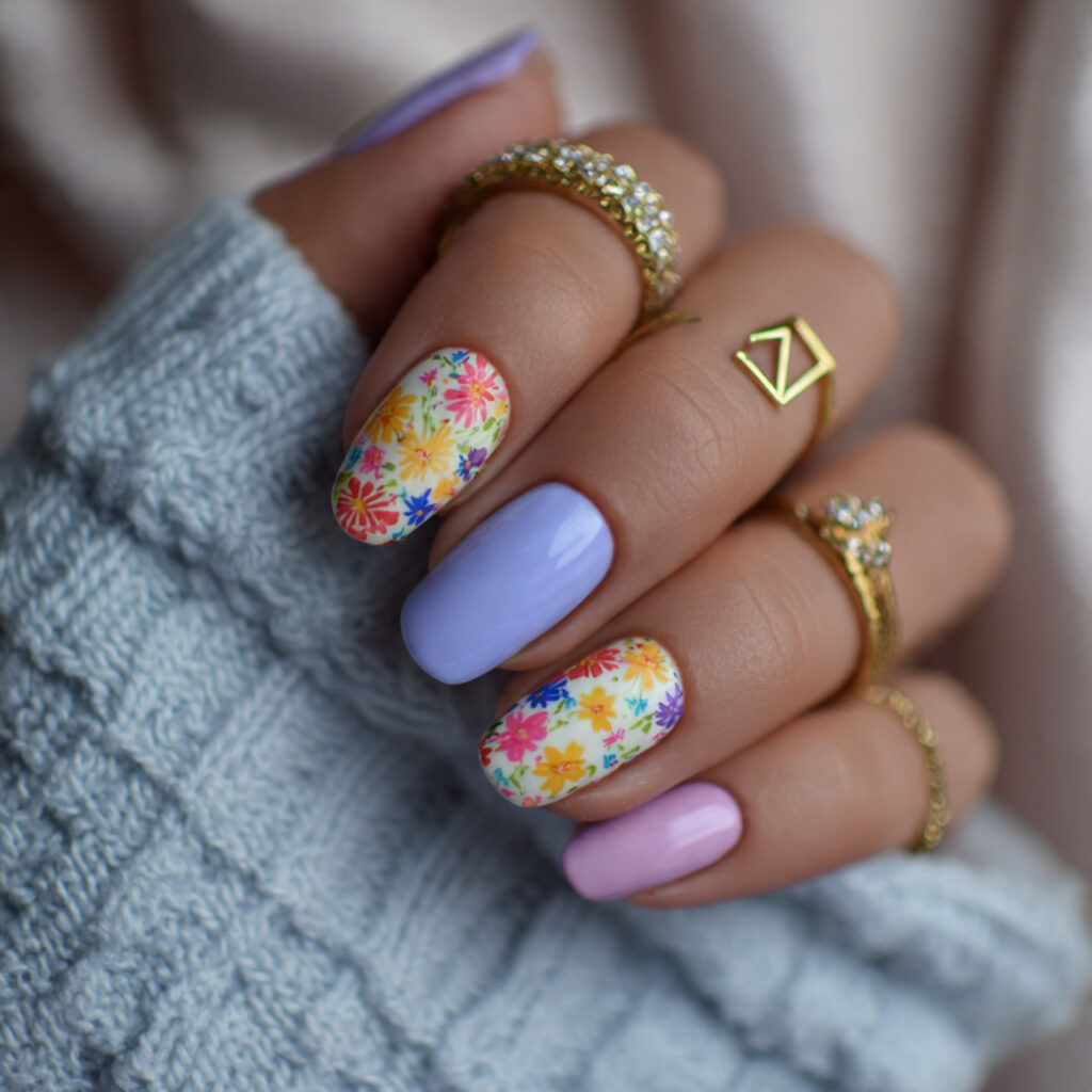 pastel wildflower nails look cohesive keeping flower