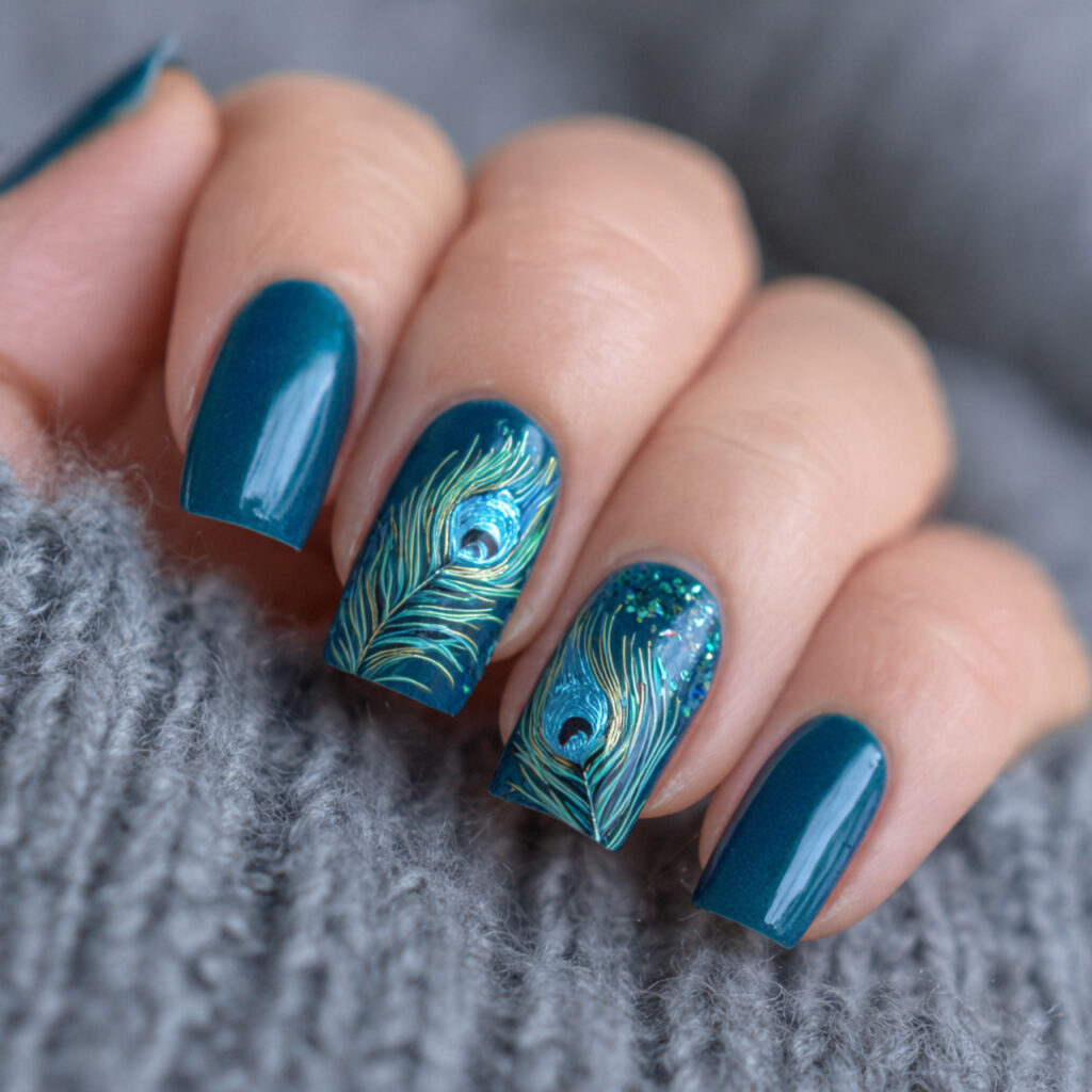 peacock blue nails featuring delicate feather designs