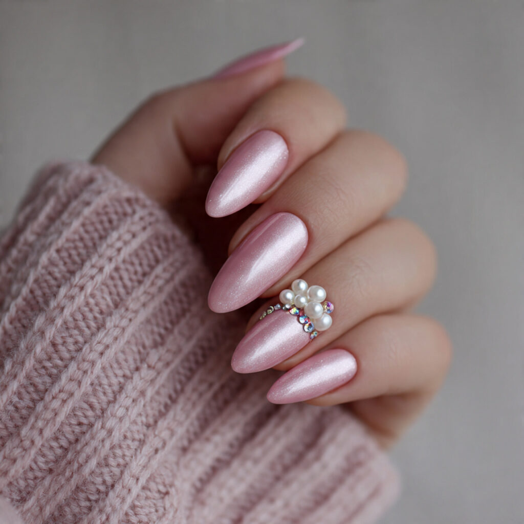 pearl pink nails with embellishments