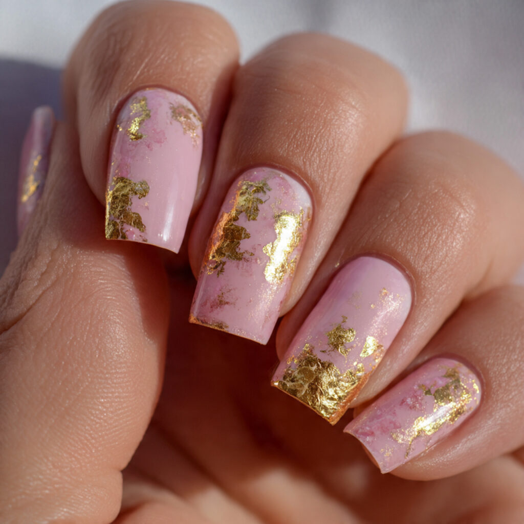 pink and gold foil nails combine soft