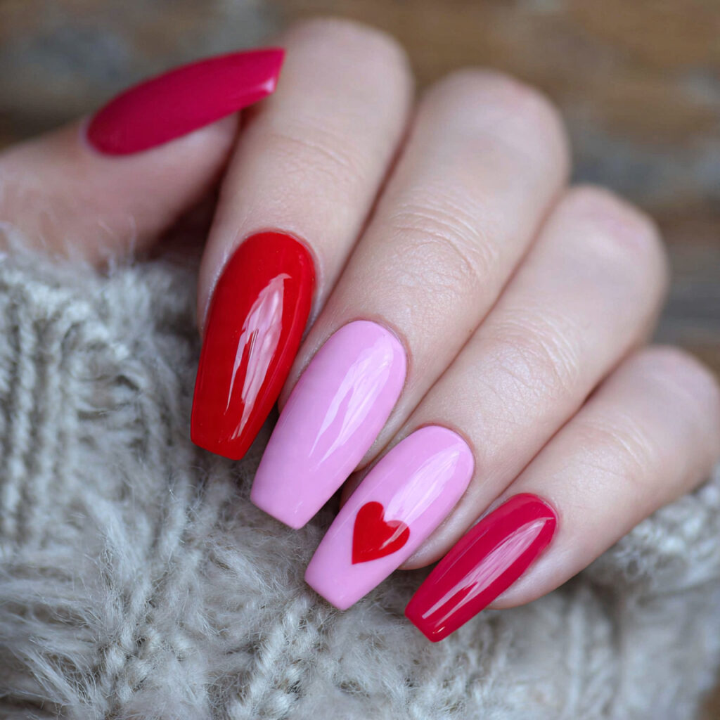 pink and red coffin valentine nails create