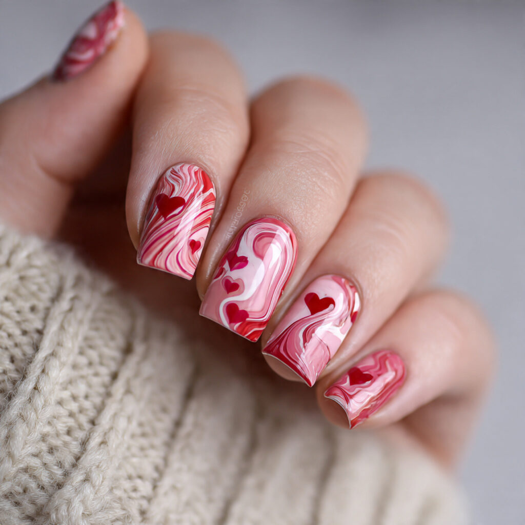 pink and red swirl heart nails bring