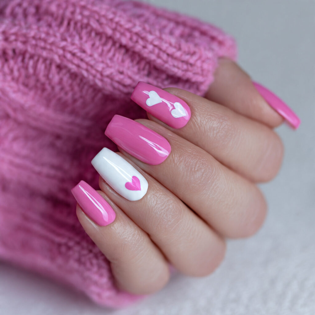 pink and white coffin valentine nails create