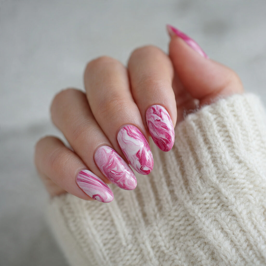 pink and white marble valentine nails almond