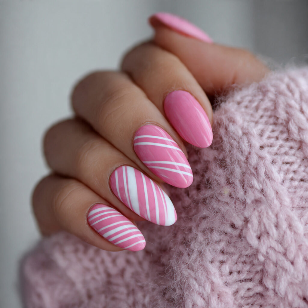 pink and white striped valentine nails almond
