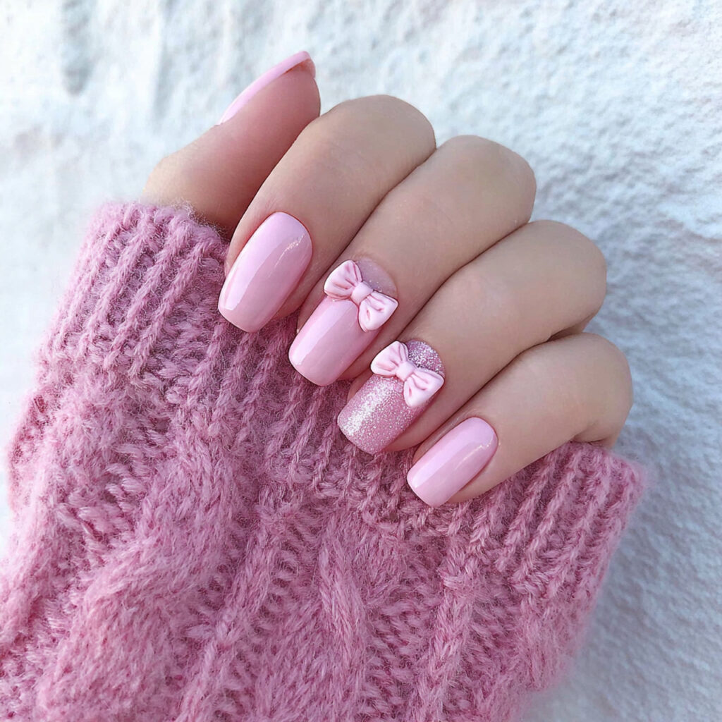 pink bow valentine nails bring a sweet
